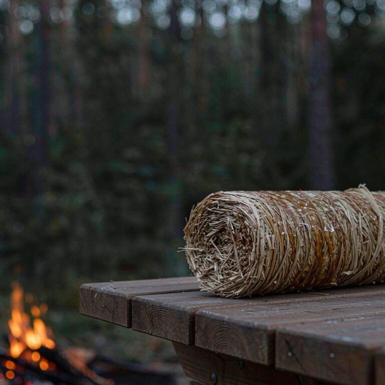 Classic waxed wood wool fire starter roll on a campsite table at dusk