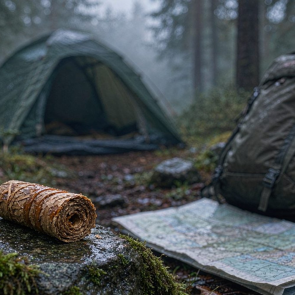 Compact waxed fire starter roll on a mossy rock at a rainy forest campsite