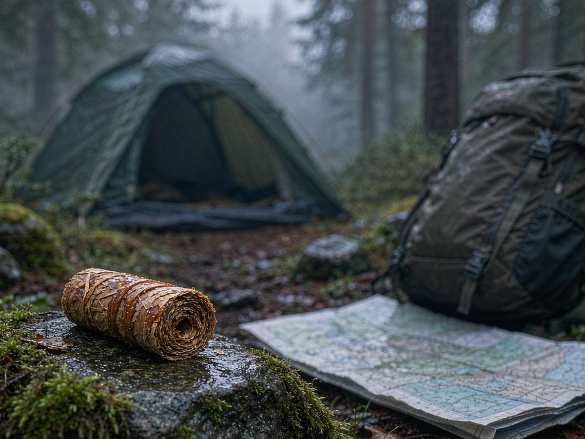 Compact fire starter roll on a wet rock beside a backpack and trail map at a misty campsite